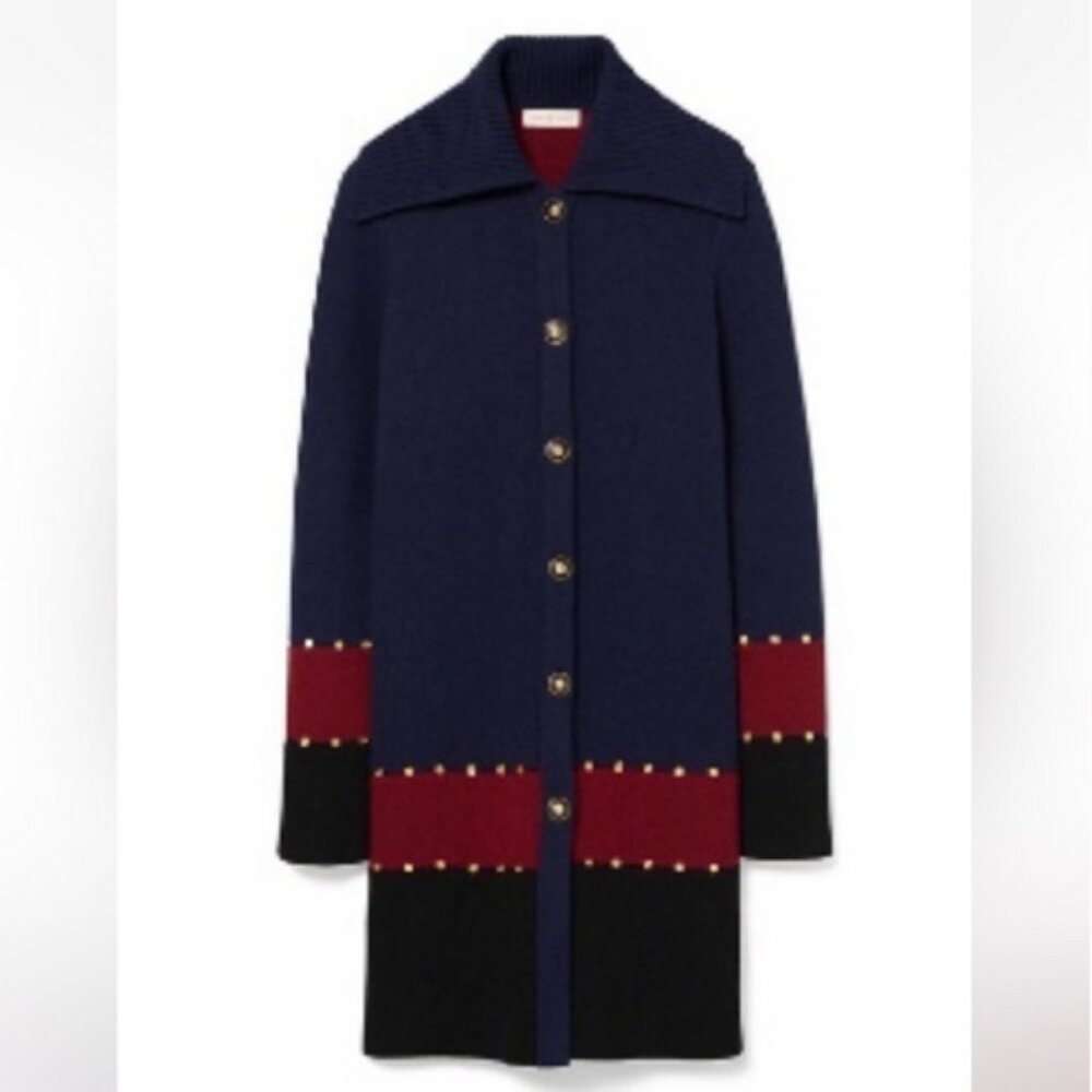 Tory Burch Stud Sweater Coat, Navy/Burgundy/Black, Size XL